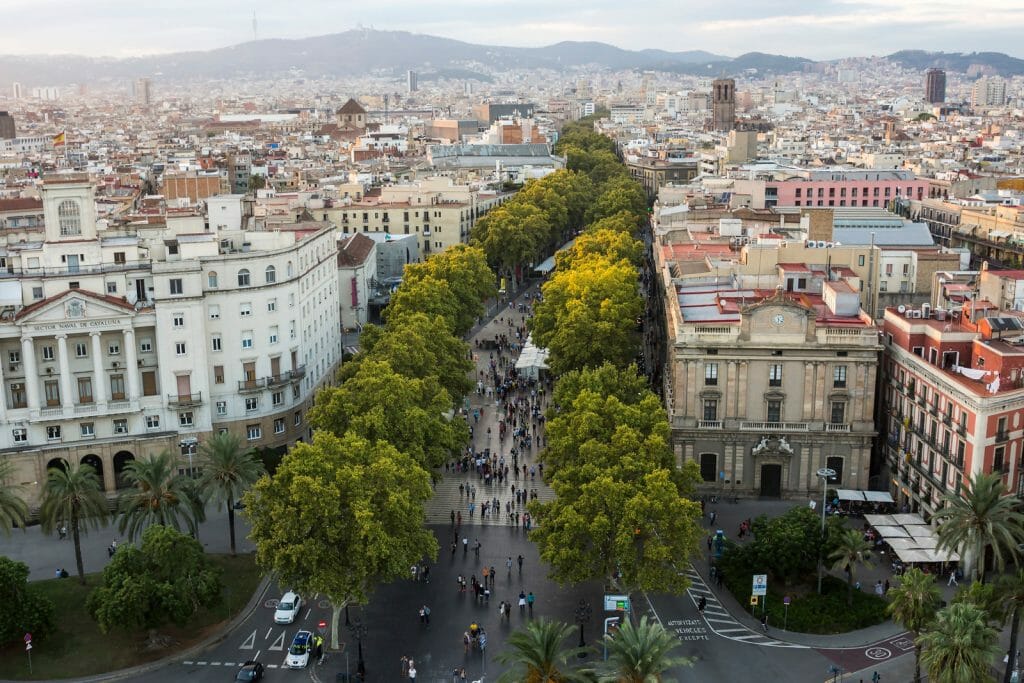 Aerial view of La Rambla Barcelona with Green trees and city scape