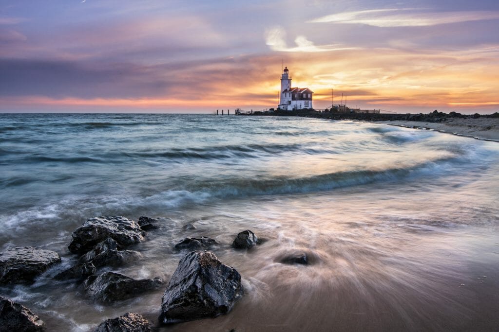 Lighthouse at sunset, Marken, North Holland, Netherlands
