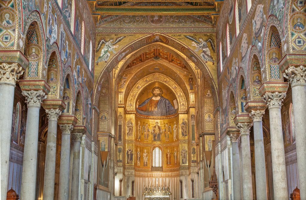 Palermo - Main nave of Monreale cathedral. Church is wonderful example of Norman architecture. Cathedral was completed about 1200.