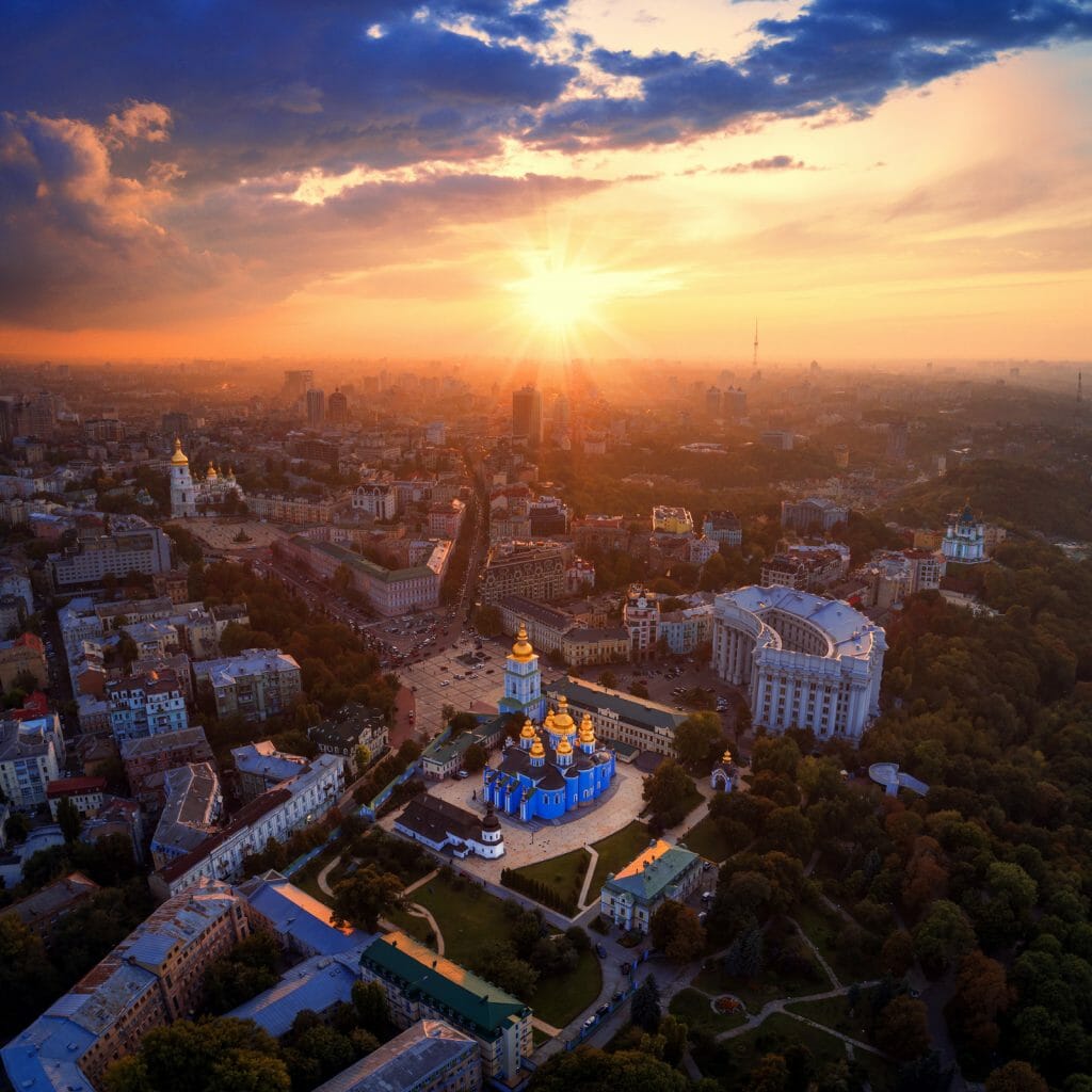 Beautiful panoramic view of the city of Kiev. Aerial view of St. Michael's Golden-Domed Monastery and Sophia Cathedral in the sunset. Ukraine