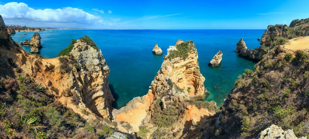 Ponta da Piedade (group of rock formations along coastline of Lagos town, Algarve, Portugal). . Five shots stitch high-resolution panorama.