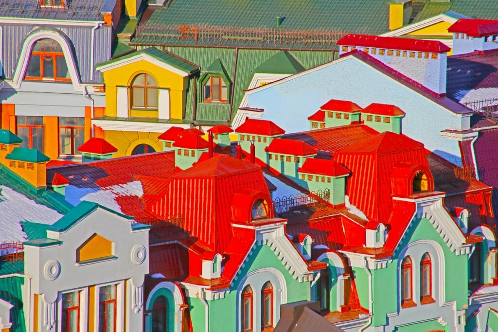 Small colored buildings in Kiev taken in Ukraine in summer