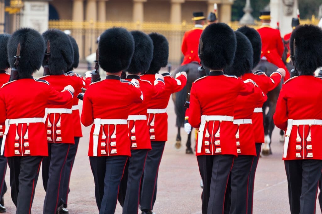 British infantry regiments performing Trooping the Colour ceremony marking the Queen's Birthday outside of Buckingham Palace in Central London.