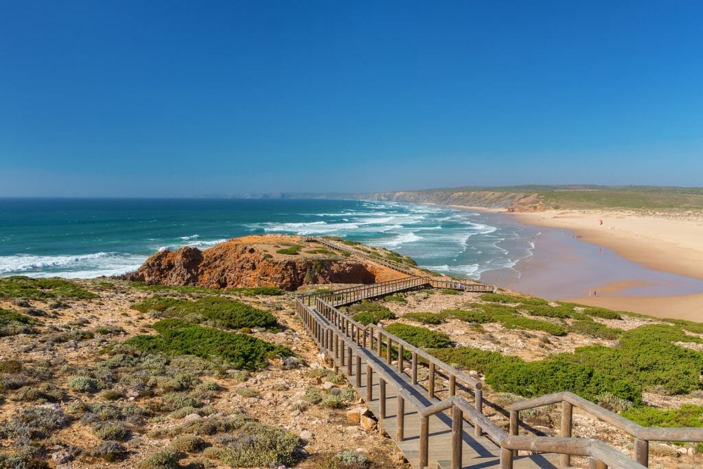 Wooden walkway to the beach Praia da Amoreira, District Aljezur, Algarve Portugal