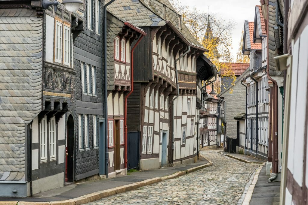 Historic Timbered Houses along a narrow village road in Goslar 
