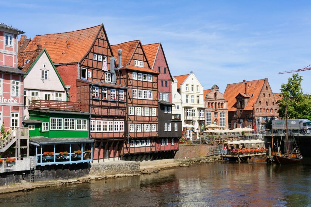 Historic timbered houses along the canal in the Old port of Lüneburg, Germany