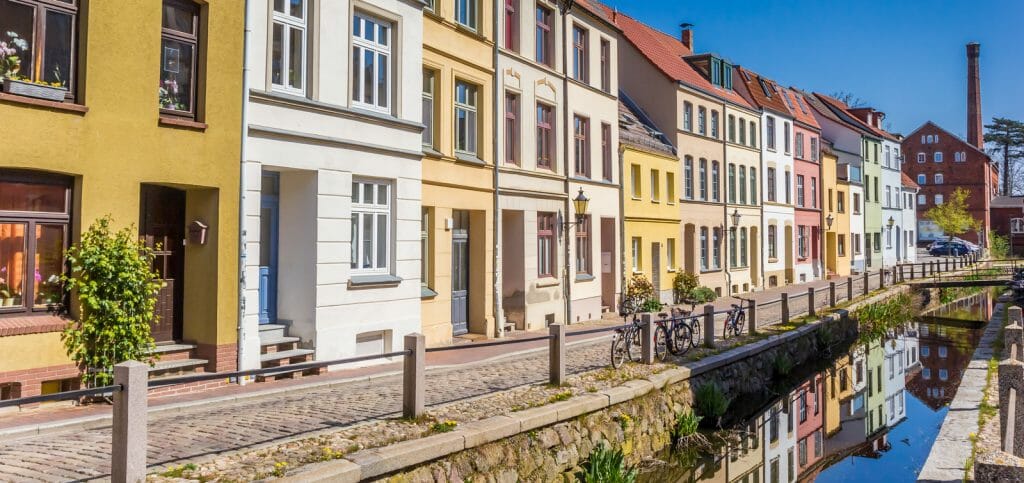 Panorama of colorful houses at the canal in Wismar, Germany