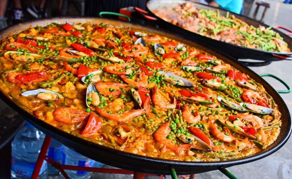 Spanish paella prepared in the street restaurant.