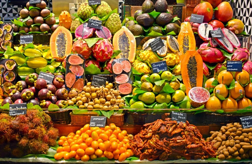 Tropical fruits in La Boqueria market, Barcelona Spain
