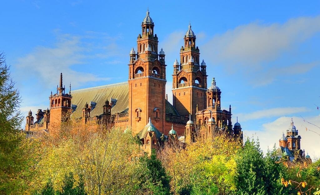 Kelvingrove Park Glasgow with red brick building in the background