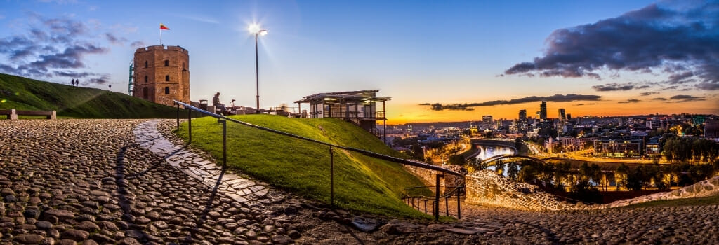Sunset Panorama of Gediminas Hill and Tower with the city of Vilnius Lithuania below