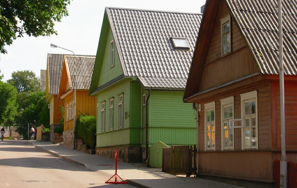 Trakai Old Town - Traditional Lithuanian houses in bright colors red green and yellow