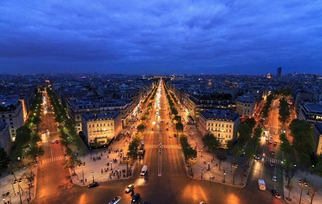 View of Champs Elysees from Arc de Triomphe during Blue hour