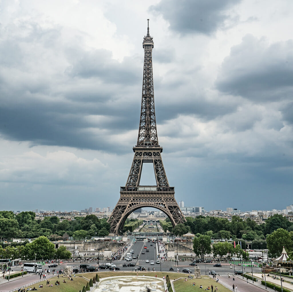 View of Eiffel Tower from Trocadero on a stormy day with grey sky