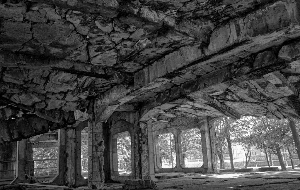 Black and white photo of Old bunker ruins in Westerplatte Poland 