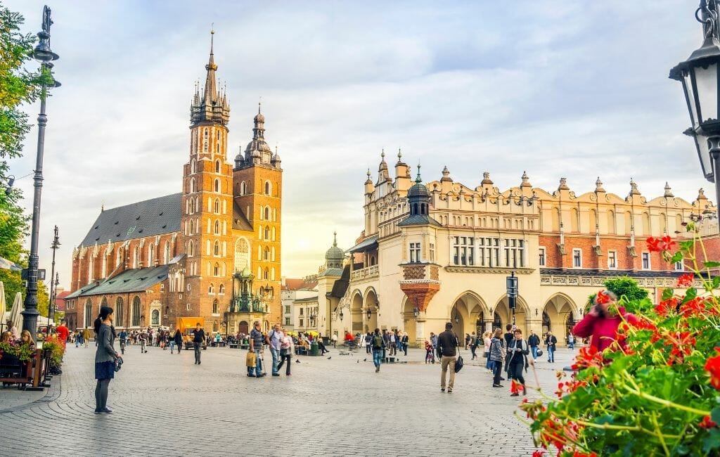 Main square in old town Krakow with Church and historic buildings