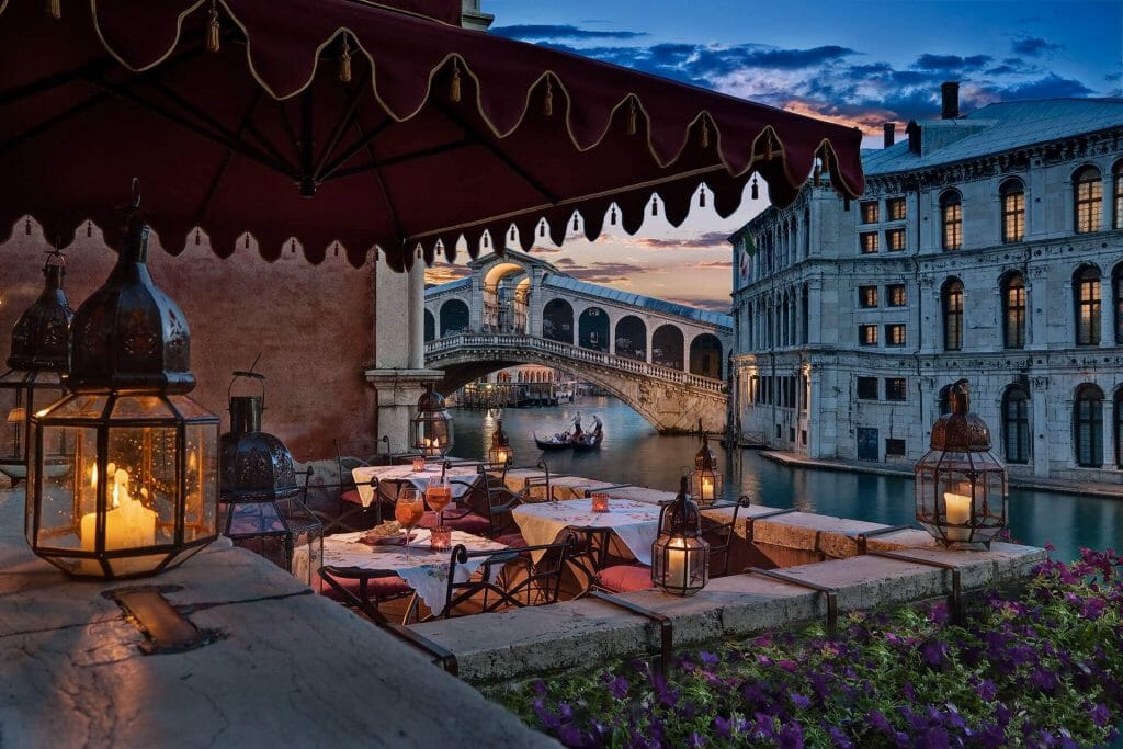 Restaurant at the Al Ponte Antico Hotel in Venice overlooking the canal and Rialto Bridge