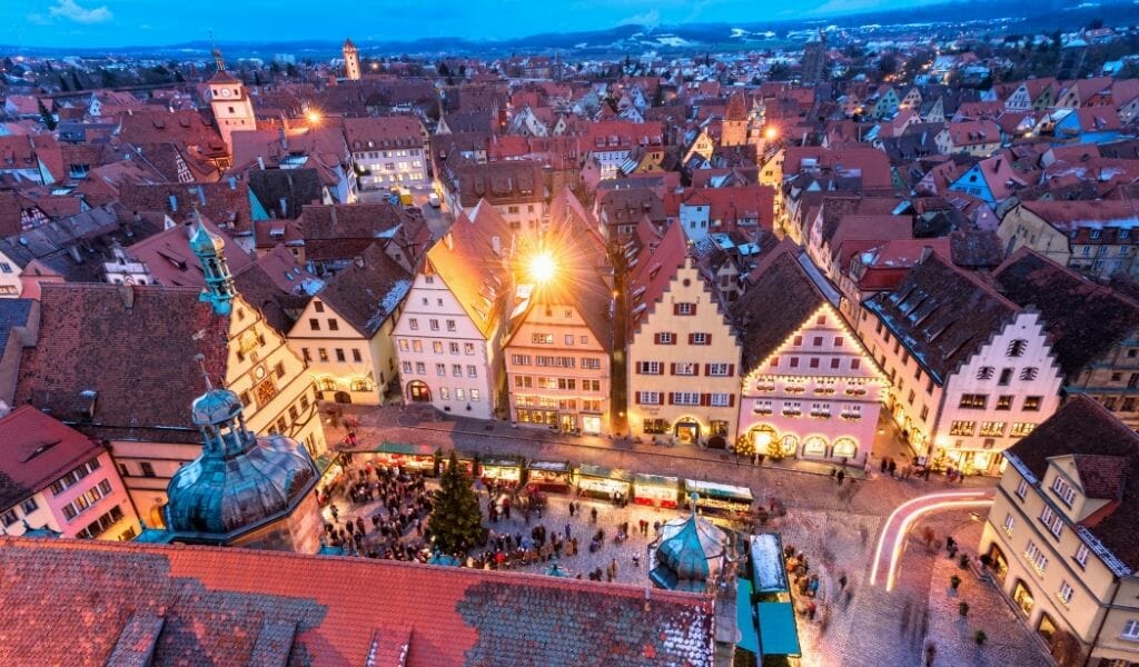 View of the Market Square in Rothenburg ob der Tauber from the Rothenburg City Hall Tower during Blue hour