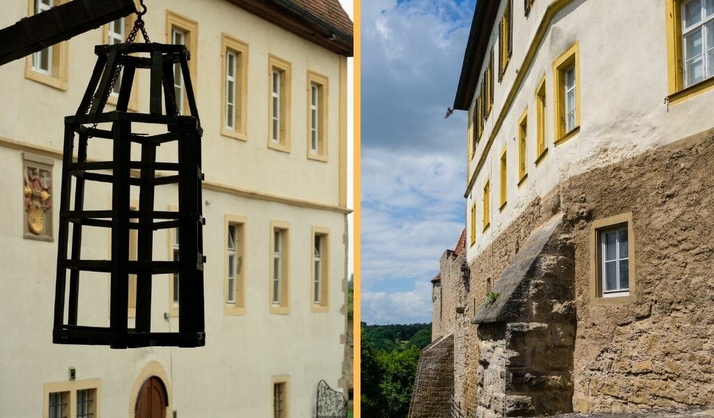 Split image: On the left: wall hook with rustic metal cage with white building in the background - On the Right: Outside photo of the Medieval Crime Museum Rothenburg ob der Tauber