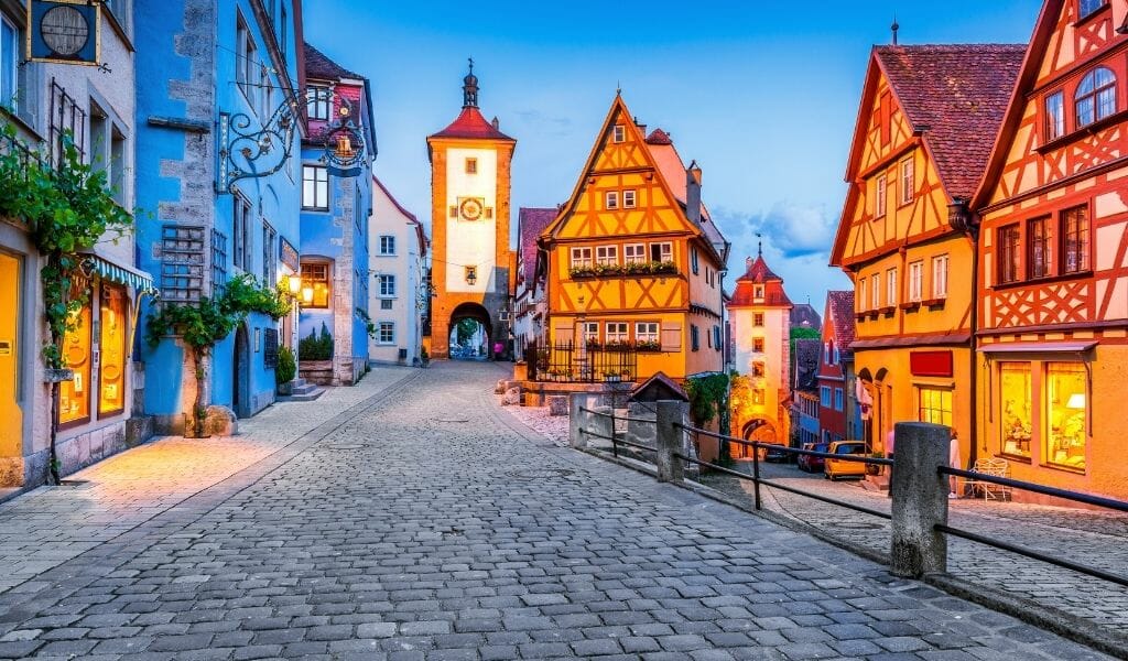 Rothenburg Germany - Medieval Fairytale town in Germany with half-timbered houses and cobblestoned streets at dusk