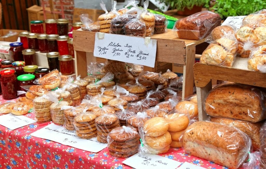 Selection of breads and pastries, and jams at a farmers market