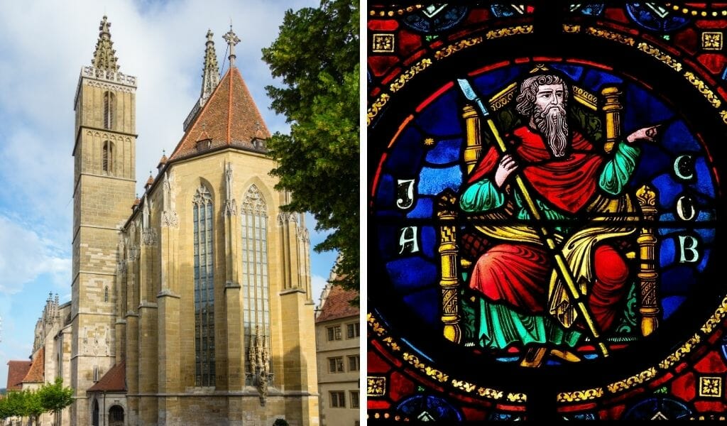 Split image -  On the left: Outside shot of St Jacob's Church and on the right stained glass depicting St Jakob 