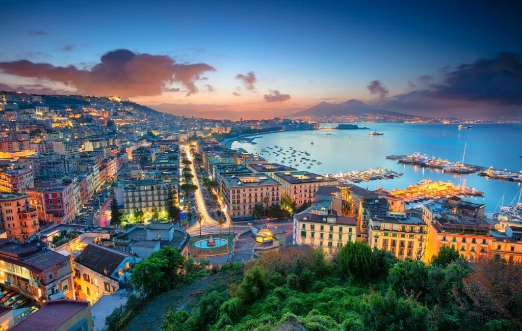 Aerial view of the city of Naples and the Bay during sunset