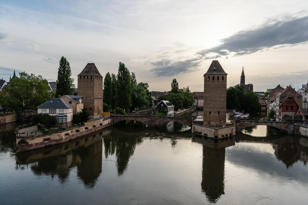 View from the Barrage Vauban Strasbourg - river in front with historic buildings on the other side