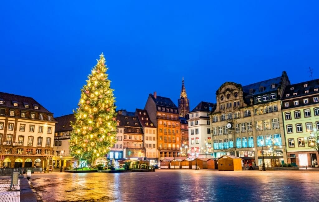 Christmas Tree in Place Kleber Strasbourg during Blue hour