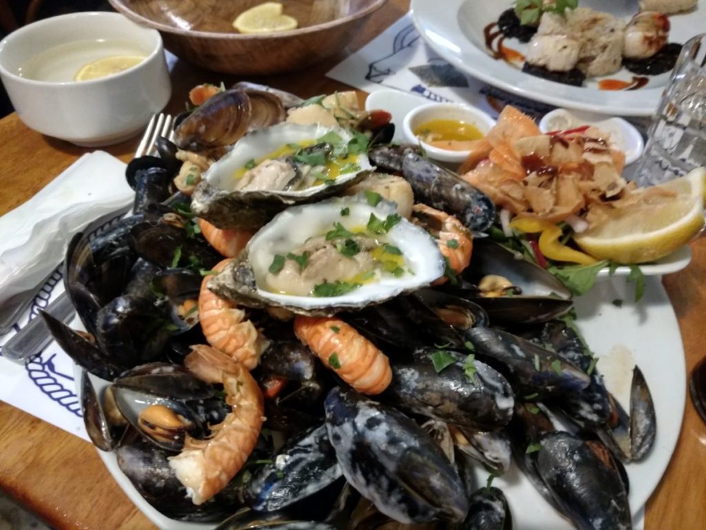 seafood platter with shrimp, oysters, and mussels in Galway Ireland