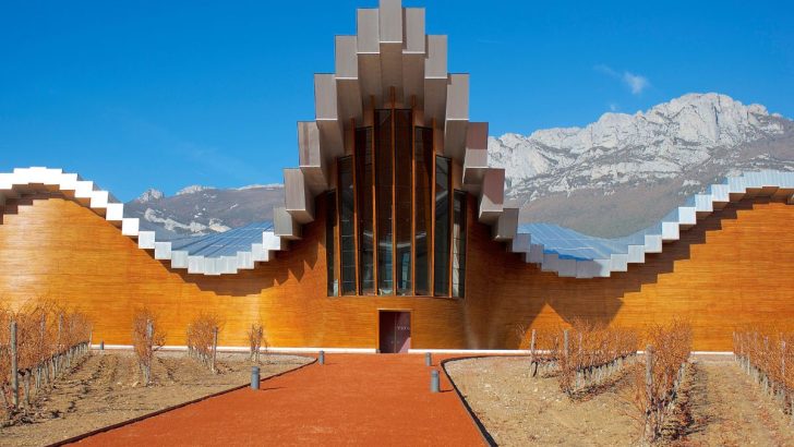 Ysios Winery with orange walls and modern wavy roof - Rioja Winery Architecture