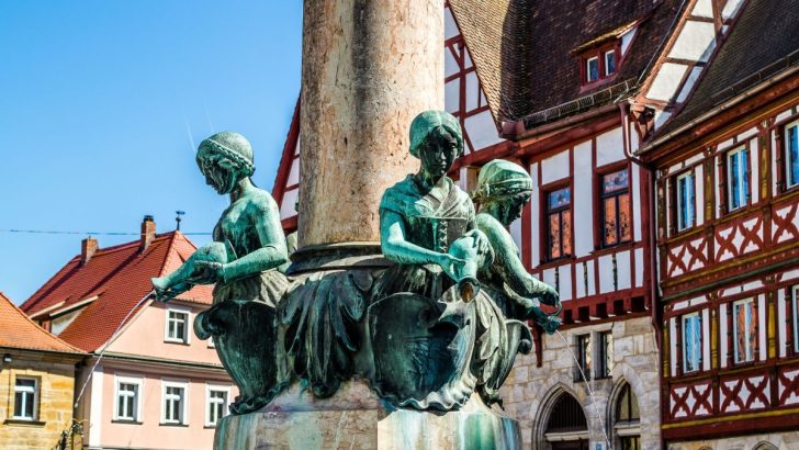 Warrior Fountain and Half-Timbered Houses in Forchheim Germany