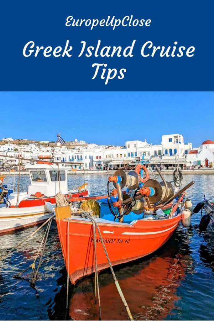 small fishing boats in the bay of Chora on Mykonos on the bottom, on the top blue banner with white text "Europe Up Close - Greek Island Cruise Tips"