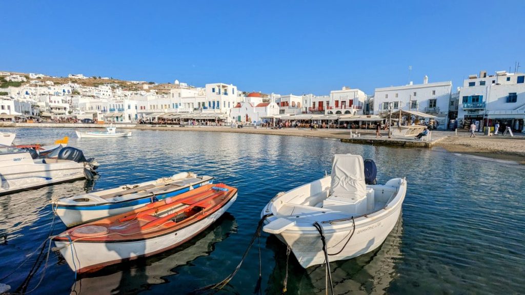 small fishing boats in the bay of Chora on Mykonos
