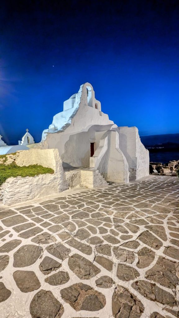 Iconic church in Mykonos during blue hour